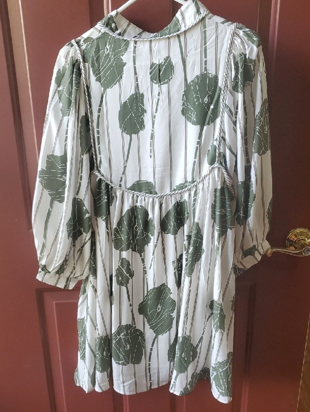 White and Olive Green Floral Long Sleeve Babydoll Dress - Picture 5 of 10